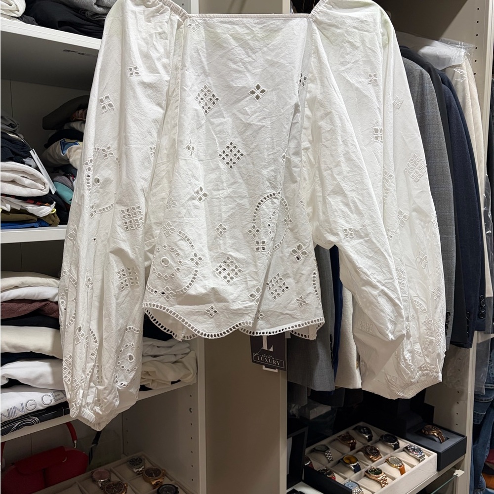 Ganni White Eyelet Puff Sleeve Blouse